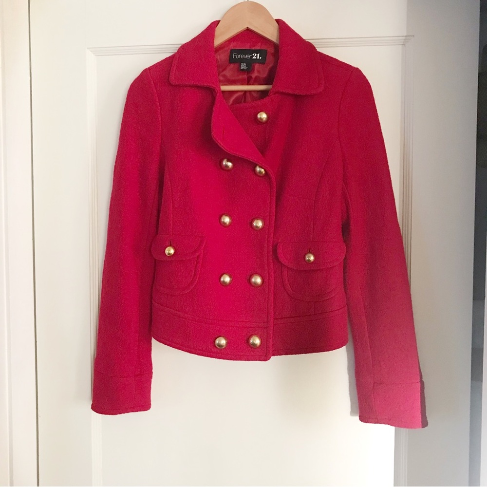 Forever 21 Cherry Red Short Peacoat with Gold Buttons